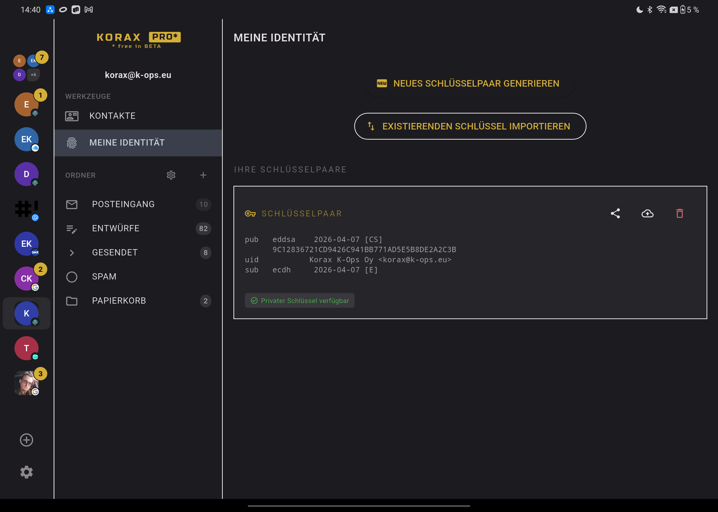 Korax desktop — keypair identity view with private key available